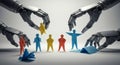 Futuristic robotic hands manipulate colorful origami figures in a conceptual AI scene