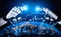 Futuristic robotic hands manipulating digital graphs and financial data over a globe with bright blue light elements and Royalty Free Stock Photo