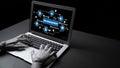 Futuristic robotic hands operate a laptop displaying risk management concepts with data visualization and icons on a Royalty Free Stock Photo