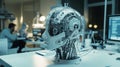 Futuristic Robotic Head with Exposed Circuitry in Laboratory Setting