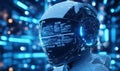 Futuristic robotic helmet with digital interface and glowing elements in cyberpunk style Royalty Free Stock Photo