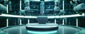 Futuristic robotic laboratory with a podium and advanced robotic arms