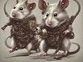 Futuristic robotic pair of rats in metallic clothing garments