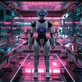A futuristic robotic technician standing in a neon lit laboratory surrounded by holographic screens displaying advanced data and