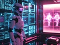 A futuristic robotic technician standing in a neon lit laboratory surrounded by holographic screens displaying advanced data and