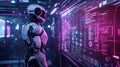 A futuristic robotic technician standing in a neon lit laboratory surrounded by holographic screens displaying advanced data and