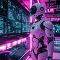 A futuristic robotic technician standing in a neon lit laboratory surrounded by holographic screens displaying advanced data and