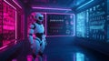 A futuristic robotic technician standing in a neon lit laboratory surrounded by holographic screens displaying advanced data and