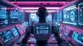 A futuristic robotic technician standing in a neon lit laboratory surrounded by holographic screens displaying advanced data and