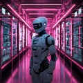 A futuristic robotic technician standing in a neon lit laboratory surrounded by holographic screens displaying advanced data and