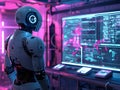 A futuristic robotic technician standing in a neon lit laboratory surrounded by holographic screens displaying advanced data and