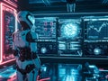 A futuristic robotic technician standing in a neon lit laboratory surrounded by holographic screens displaying advanced data and