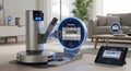 Futuristic Robotic Vacuum and Smart Home Cleaning Station with Tablet Interface Royalty Free Stock Photo