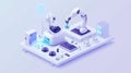 Futuristic robotics lab with automated robotic arms and digital interfaces