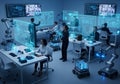 Futuristic Robotics Lab: Team Collaborating with Holographic Displays and AI Royalty Free Stock Photo