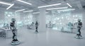 Futuristic robots analyze data in a modern office showcasing advanced AI technology and innovation Royalty Free Stock Photo