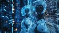 Futuristic robots analyzing data digital space 3d render tech environment close-up innovation Royalty Free Stock Photo