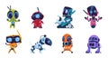 Futuristic robots. Cartoon modern AI characters of different types, set of personal assistants. Vector retro game design Royalty Free Stock Photo