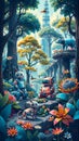 Futuristic robots exploring a lush forest with towering structures