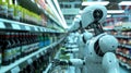 Futuristic robots line up in a sleek supermarket aisle, symbolizing tomorrow tech-driven world