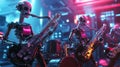 Futuristic robots playing saxophones in neon-lit cyberpunk setting