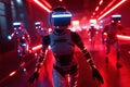 Futuristic robots running in neon lit corridor with advanced vr helmets