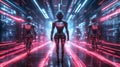 Futuristic Robots Walking in Neon Pink and Blue Corridor