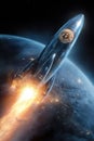 Futuristic Rocket with Bitcoin Symbol Flying Through Space Past a Planet Royalty Free Stock Photo