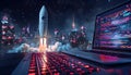 Futuristic rocket launch beside laptop with glowing keyboard, tech innovation concept Royalty Free Stock Photo