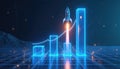 Futuristic rocket launches from glowing blue bar graph showing upward trend. Digital data visualization symbolizes rapid business Royalty Free Stock Photo