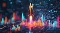 Futuristic rocket launching amidst colorful digital landscape for innovation concept Royalty Free Stock Photo