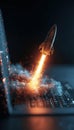 Futuristic Rocket Launching from Laptop in Digital Grid Concept Art Royalty Free Stock Photo