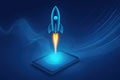 Futuristic rocket launching from a tablet with glowing digital waves background technology Royalty Free Stock Photo