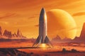 Rocket launch preparation on a distant planet with an orange sunset and lar Royalty Free Stock Photo