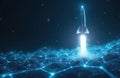 Futuristic rocket takes off amid data streams. Technological launch concept involves digital network. Modern design innovation, Royalty Free Stock Photo