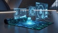 A futuristic rollable circuit-mat emits holographic digital interfaces Royalty Free Stock Photo