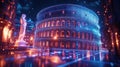 Futuristic Roman Colosseum at night with glowing statue Royalty Free Stock Photo