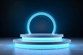 Futuristic room with circle neon podium and a round neon lamp. 3D space with empty stage AI Generative