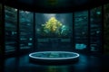A futuristic room displays a forest scene on screens showing lines of code, with a glowing circular platform in the center Royalty Free Stock Photo