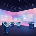 A futuristic room features interactive digital displays on sleek blue pedestals. The Royalty Free Stock Photo