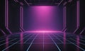 futuristic room with grid-like floor and large, glowing light at the center, creating sense depth and space.