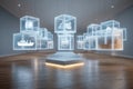Futuristic room with illuminated digital cube art installations and minimal design Royalty Free Stock Photo