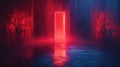 Futuristic room interior, red laser light and door inside modern dark concrete hall. Concept of garage, cyberpunk, background, Royalty Free Stock Photo