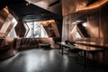 a futuristic room with sleek, metallic surfaces and dramatic lighting