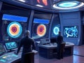 A futuristic room with two men sitting at desks in front of computer monitors AI Generated