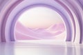 Futuristic round arch on the pastel purple landscape background. Atmospheric escapism installation for showcase and display