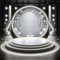 Futuristic round podium with industrial robot arms in front of stage lights, display or showcase mockup for product presentation