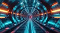 Futuristic round tunnel with metal floor and walls, abstract tech space background. Perspective of dark corridor with neon lights
