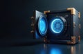 Futuristic safe with door open, revealing glowing blue digital interface inside. Modern vault for data security, cyber Royalty Free Stock Photo