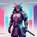 Full-body illustration of a futuristic samurai warrior in chrome and pink armor with a glowing katana Royalty Free Stock Photo